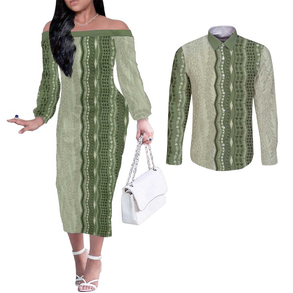 Vintage Sage Green Hawaiian Traditional Kapa Mix Flowers Lei Couples Matching Off The Shoulder Long Sleeve Dress and Long Sleeve Button Shirt