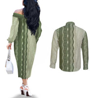 Vintage Sage Green Hawaiian Traditional Kapa Mix Flowers Lei Couples Matching Off The Shoulder Long Sleeve Dress and Long Sleeve Button Shirt