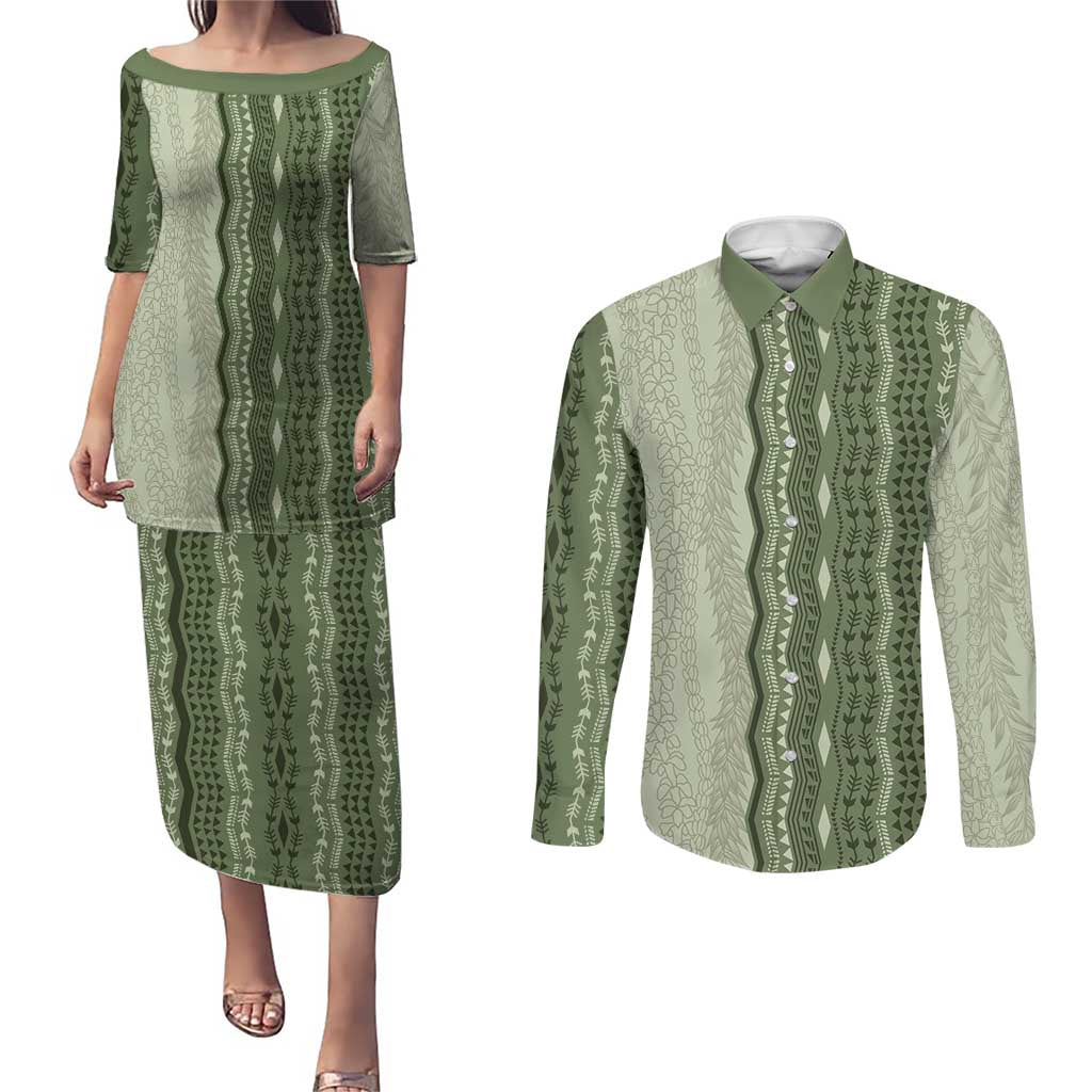 Vintage Sage Green Hawaiian Traditional Kapa Mix Flowers Lei Couples Matching Puletasi and Long Sleeve Button Shirt