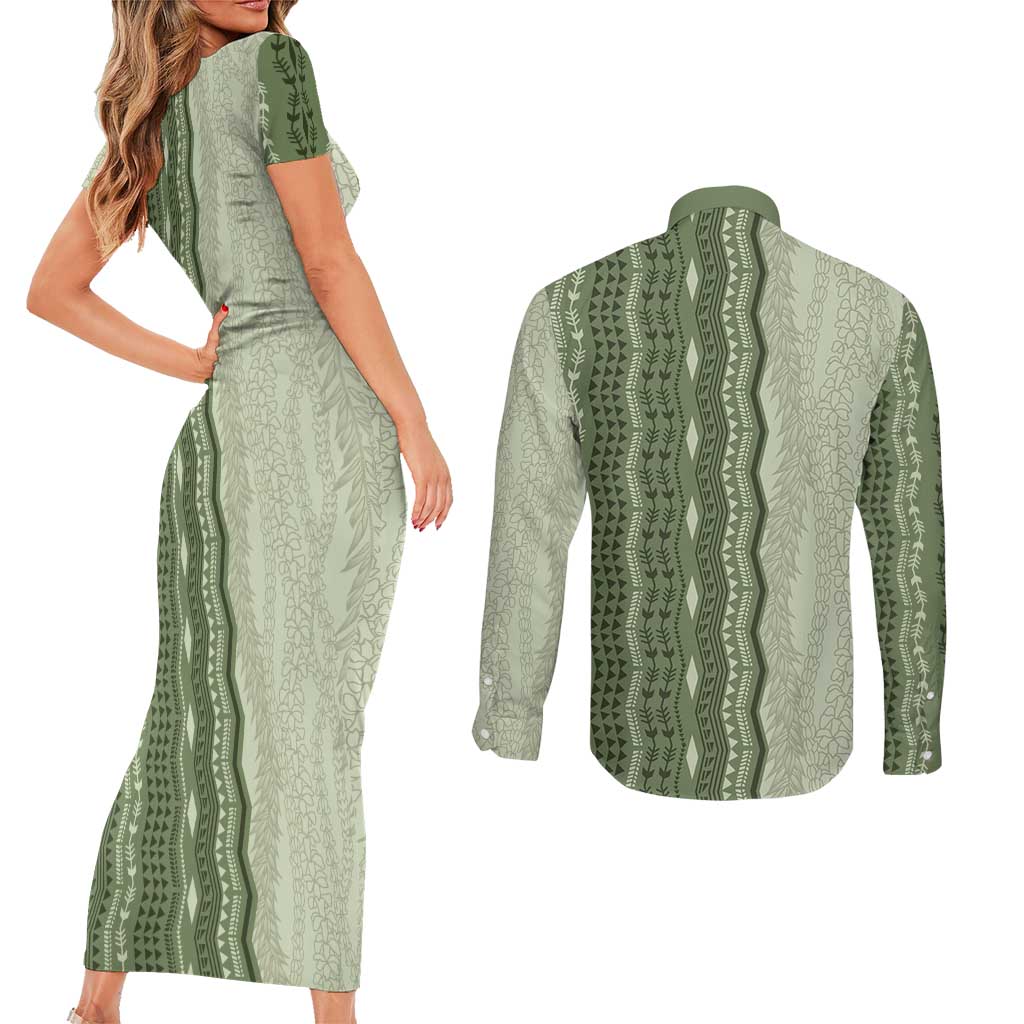 Vintage Sage Green Hawaiian Traditional Kapa Mix Flowers Lei Couples Matching Short Sleeve Bodycon Dress and Long Sleeve Button Shirt