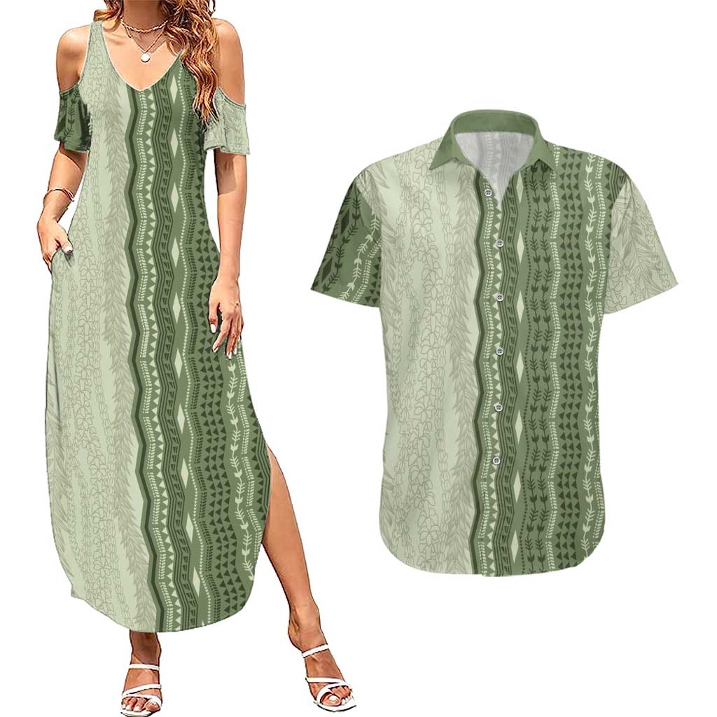 Vintage Sage Green Hawaiian Traditional Kapa Mix Flowers Lei Couples Matching Summer Maxi Dress and Hawaiian Shirt