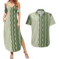 Vintage Sage Green Hawaiian Traditional Kapa Mix Flowers Lei Couples Matching Summer Maxi Dress and Hawaiian Shirt