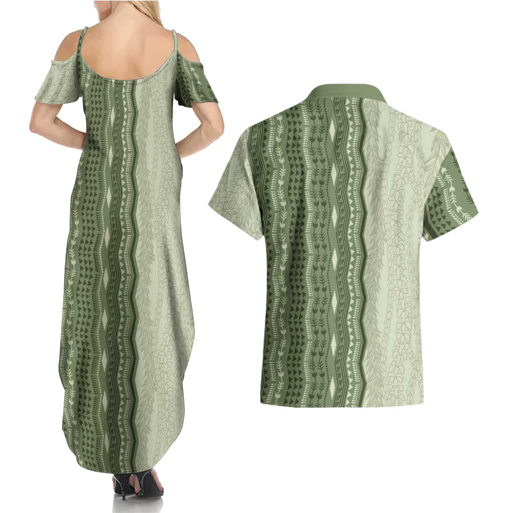 Vintage Sage Green Hawaiian Traditional Kapa Mix Flowers Lei Couples Matching Summer Maxi Dress and Hawaiian Shirt