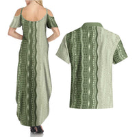 Vintage Sage Green Hawaiian Traditional Kapa Mix Flowers Lei Couples Matching Summer Maxi Dress and Hawaiian Shirt