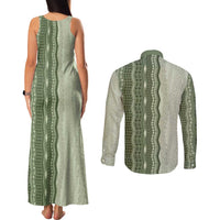 Vintage Sage Green Hawaiian Traditional Kapa Mix Flowers Lei Couples Matching Tank Maxi Dress and Long Sleeve Button Shirt