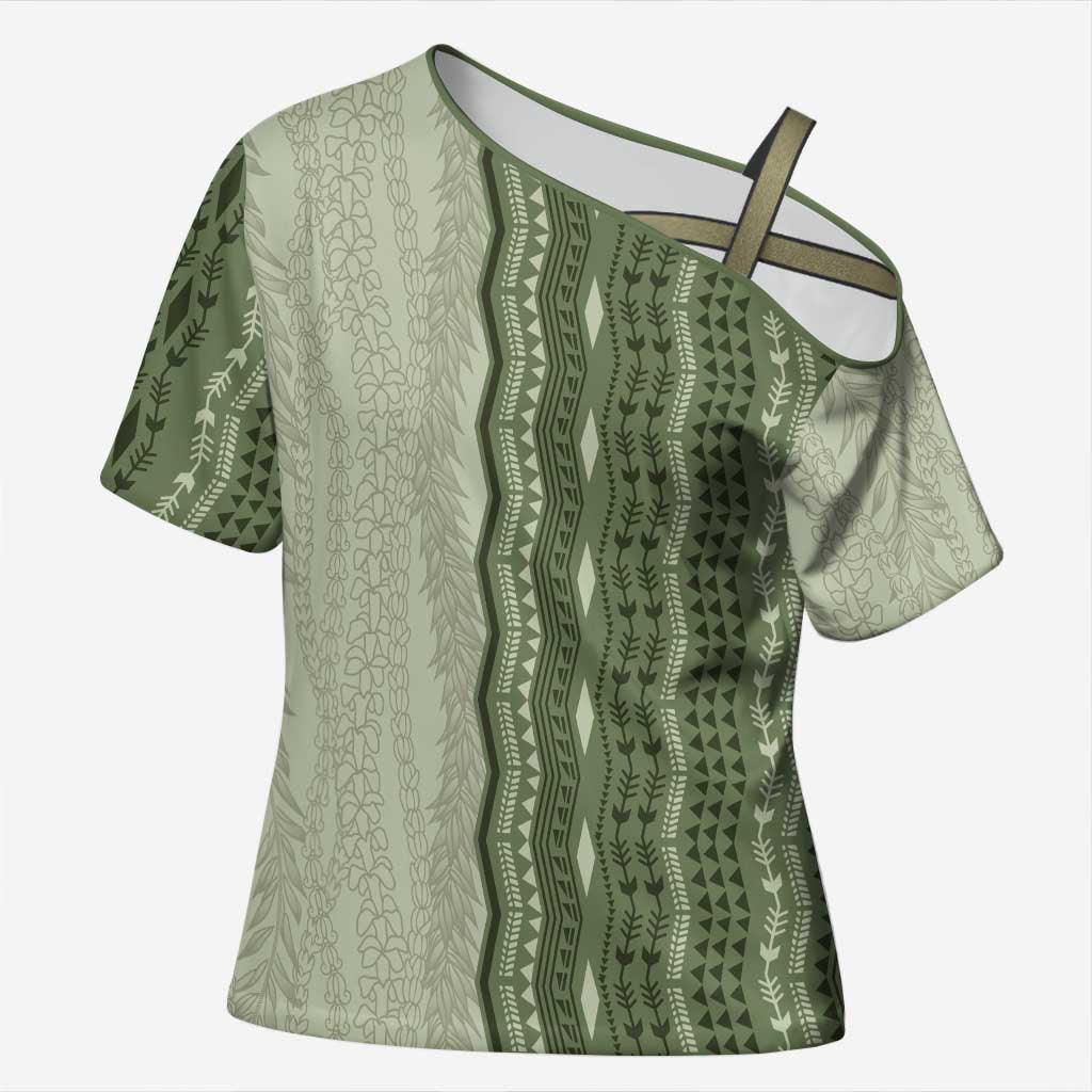 Vintage Sage Green Hawaiian Traditional Kapa Mix Flowers Lei Cross Shoulder Shirt