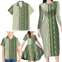 Vintage Sage Green Hawaiian Traditional Kapa Mix Flowers Lei Family Matching Long Sleeve Bodycon Dress and Hawaiian Shirt
