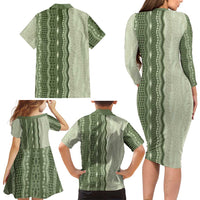 Vintage Sage Green Hawaiian Traditional Kapa Mix Flowers Lei Family Matching Long Sleeve Bodycon Dress and Hawaiian Shirt