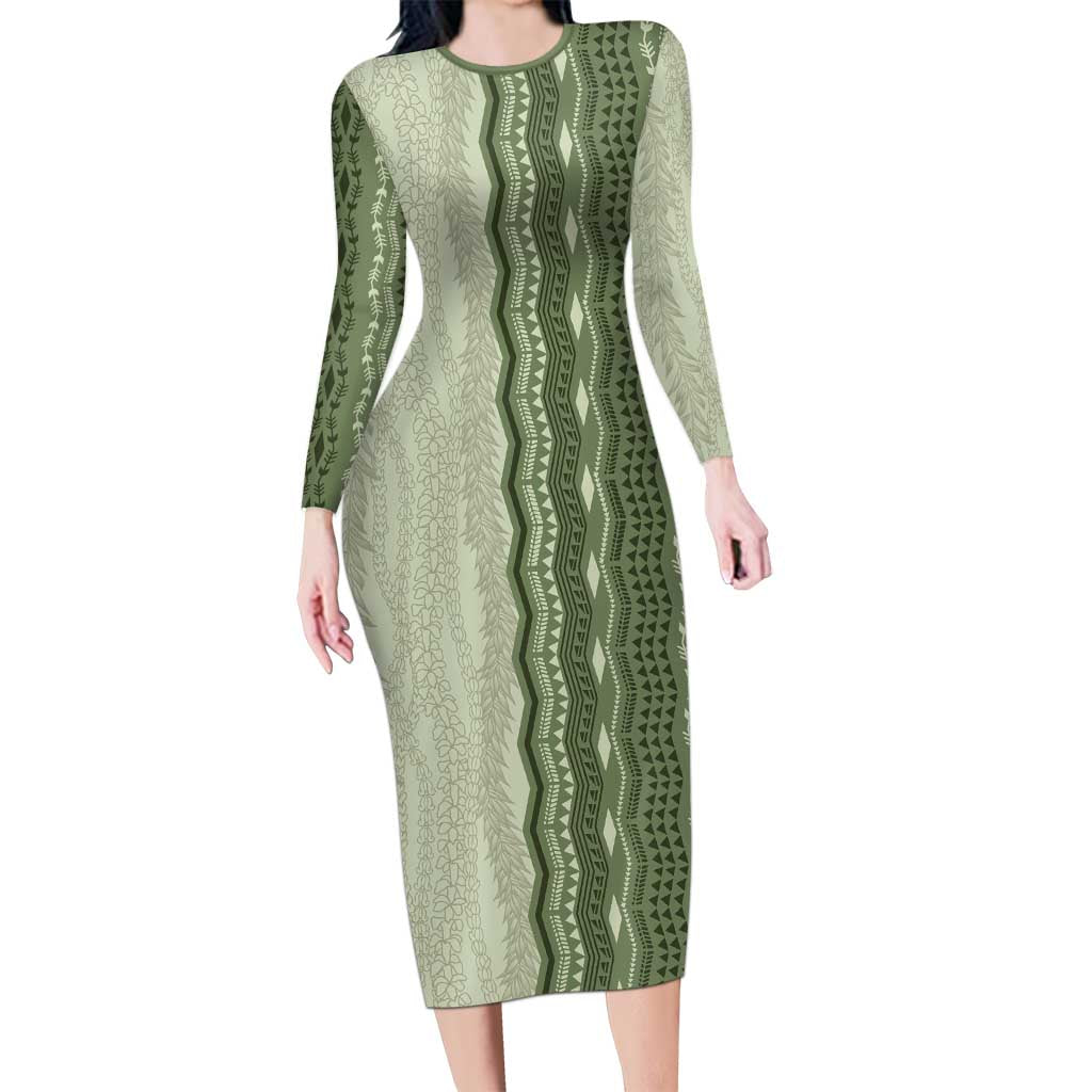 Vintage Sage Green Hawaiian Traditional Kapa Mix Flowers Lei Family Matching Long Sleeve Bodycon Dress and Hawaiian Shirt