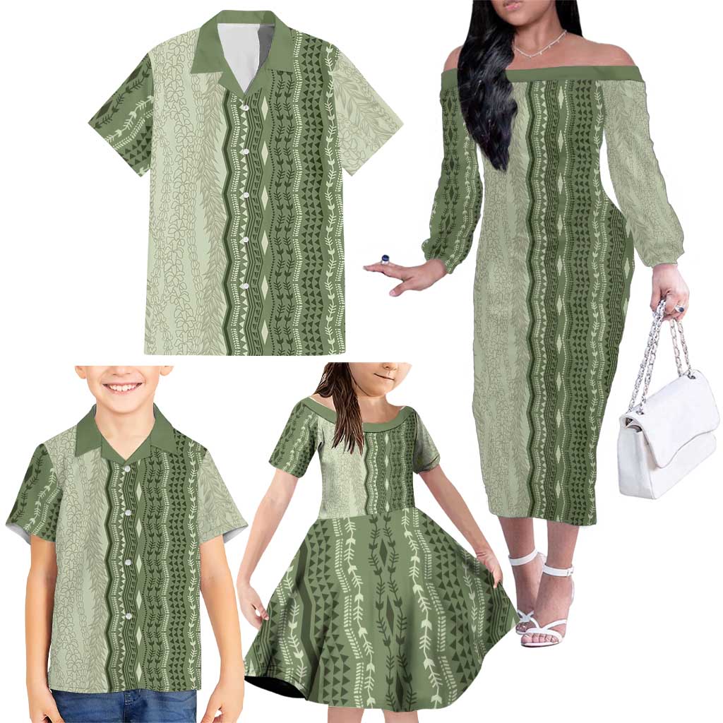 Vintage Sage Green Hawaiian Traditional Kapa Mix Flowers Lei Family Matching Off The Shoulder Long Sleeve Dress and Hawaiian Shirt