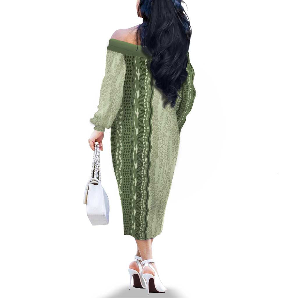 Vintage Sage Green Hawaiian Traditional Kapa Mix Flowers Lei Family Matching Off The Shoulder Long Sleeve Dress and Hawaiian Shirt