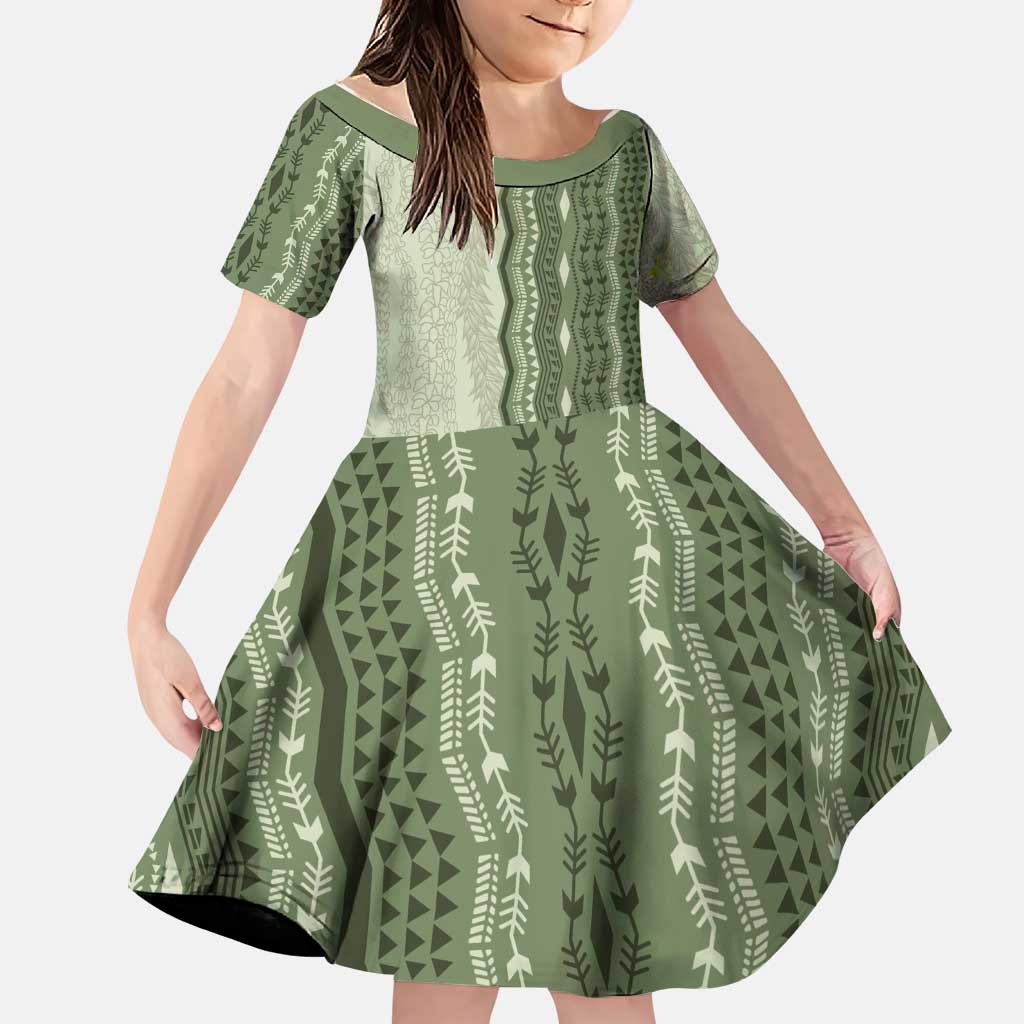 Vintage Sage Green Hawaiian Traditional Kapa Mix Flowers Lei Family Matching Off Shoulder Short Dress and Hawaiian Shirt LT7 Daughter's Dress Sage Green - Polynesian Pride