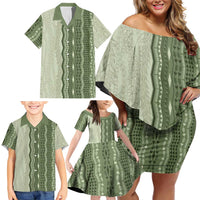 Vintage Sage Green Hawaiian Traditional Kapa Mix Flowers Lei Family Matching Off Shoulder Short Dress and Hawaiian Shirt LT7 - Polynesian Pride