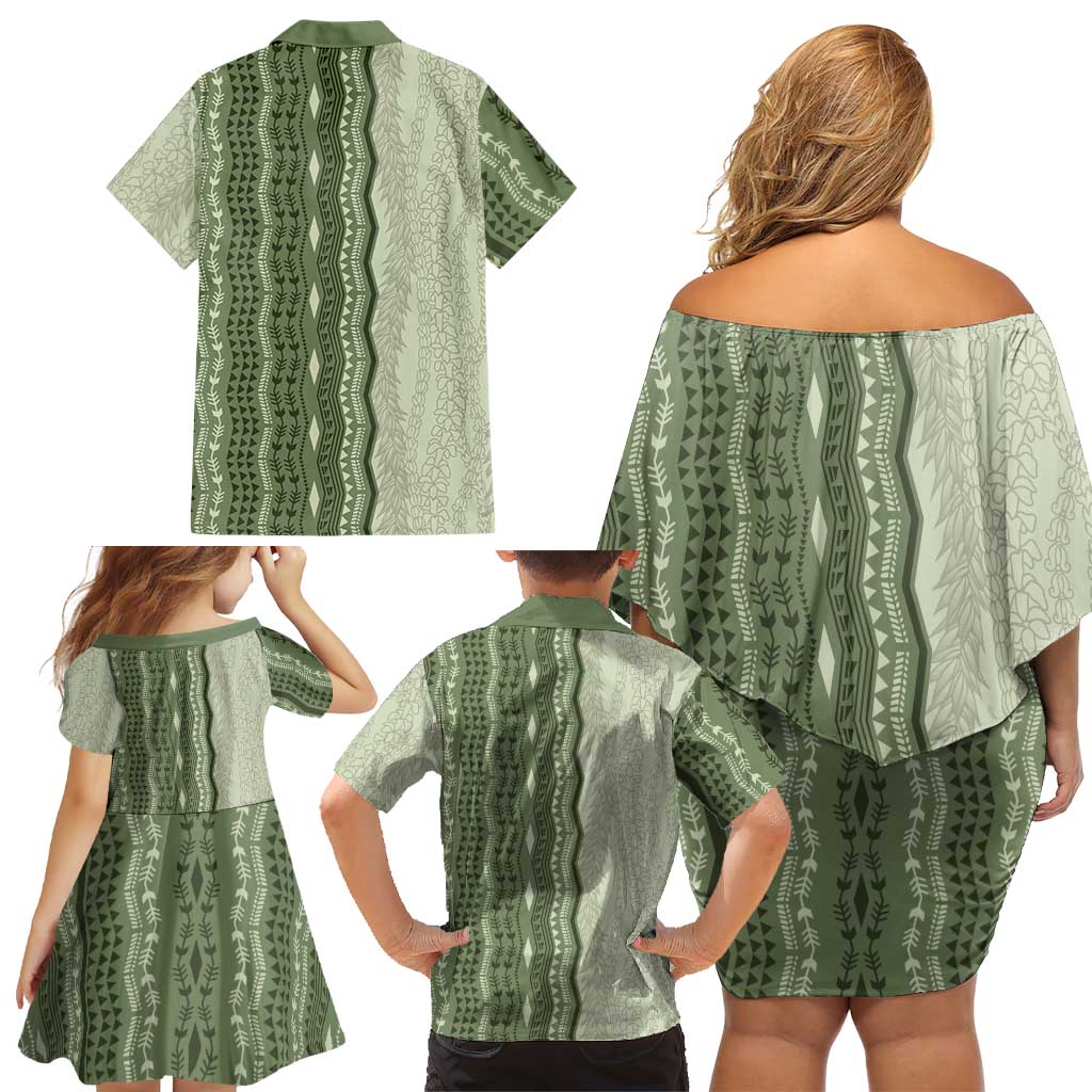 Vintage Sage Green Hawaiian Traditional Kapa Mix Flowers Lei Family Matching Off Shoulder Short Dress and Hawaiian Shirt LT7 - Polynesian Pride