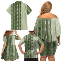 Vintage Sage Green Hawaiian Traditional Kapa Mix Flowers Lei Family Matching Off Shoulder Short Dress and Hawaiian Shirt LT7 - Polynesian Pride