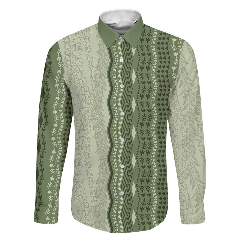 Vintage Sage Green Hawaiian Traditional Kapa Mix Flowers Lei Family Matching Off Shoulder Short Dress and Hawaiian Shirt LT7 Dad's Shirt - Long Sleeve Sage Green - Polynesian Pride