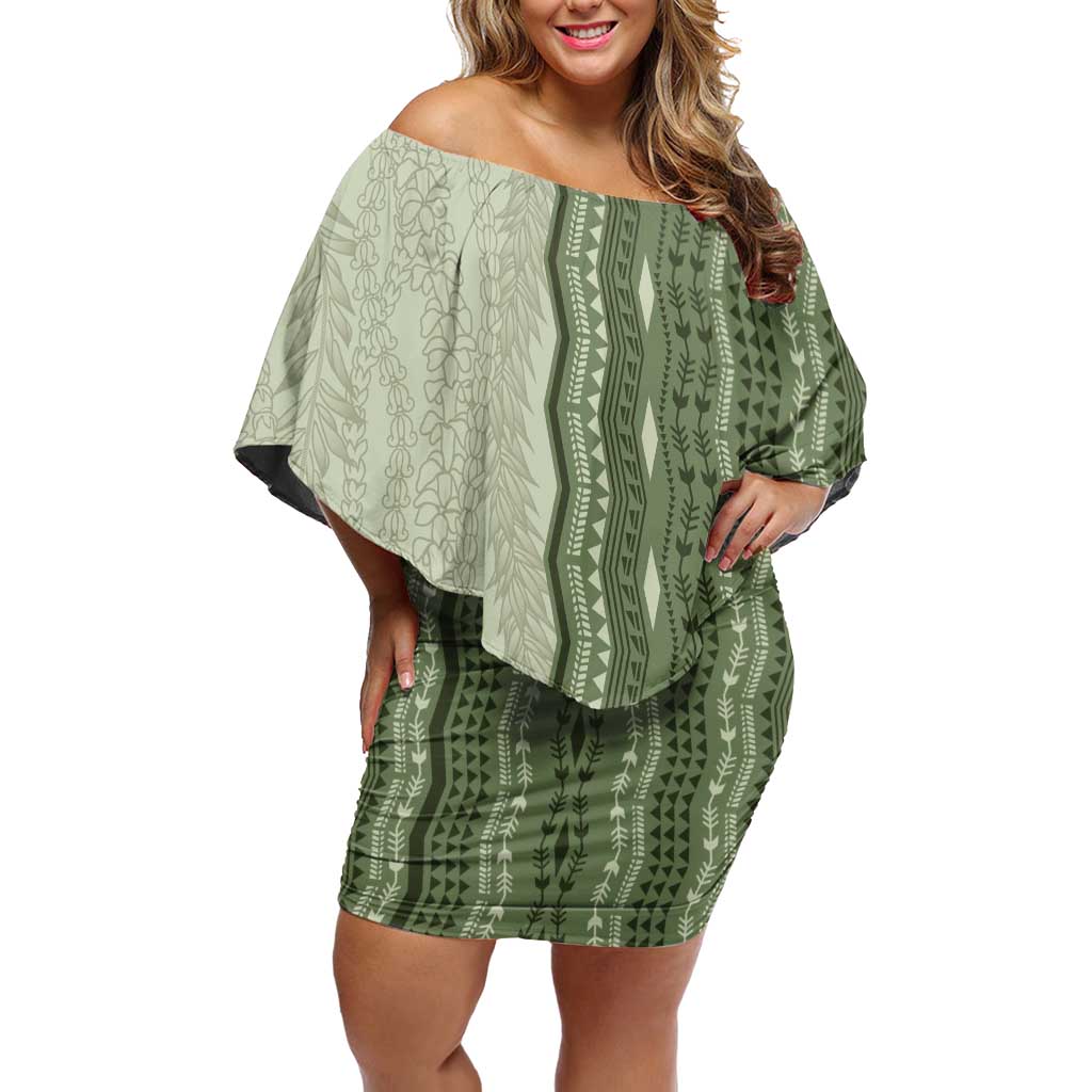 Vintage Sage Green Hawaiian Traditional Kapa Mix Flowers Lei Family Matching Off Shoulder Short Dress and Hawaiian Shirt LT7 Mom's Dress Sage Green - Polynesian Pride