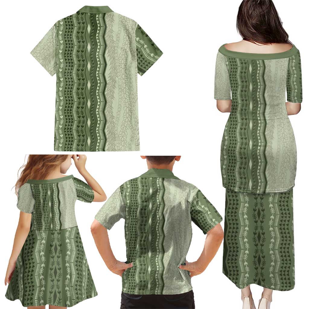 Vintage Sage Green Hawaiian Traditional Kapa Mix Flowers Lei Family Matching Puletasi and Hawaiian Shirt