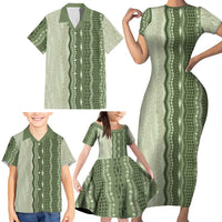 Vintage Sage Green Hawaiian Traditional Kapa Mix Flowers Lei Family Matching Short Sleeve Bodycon Dress and Hawaiian Shirt