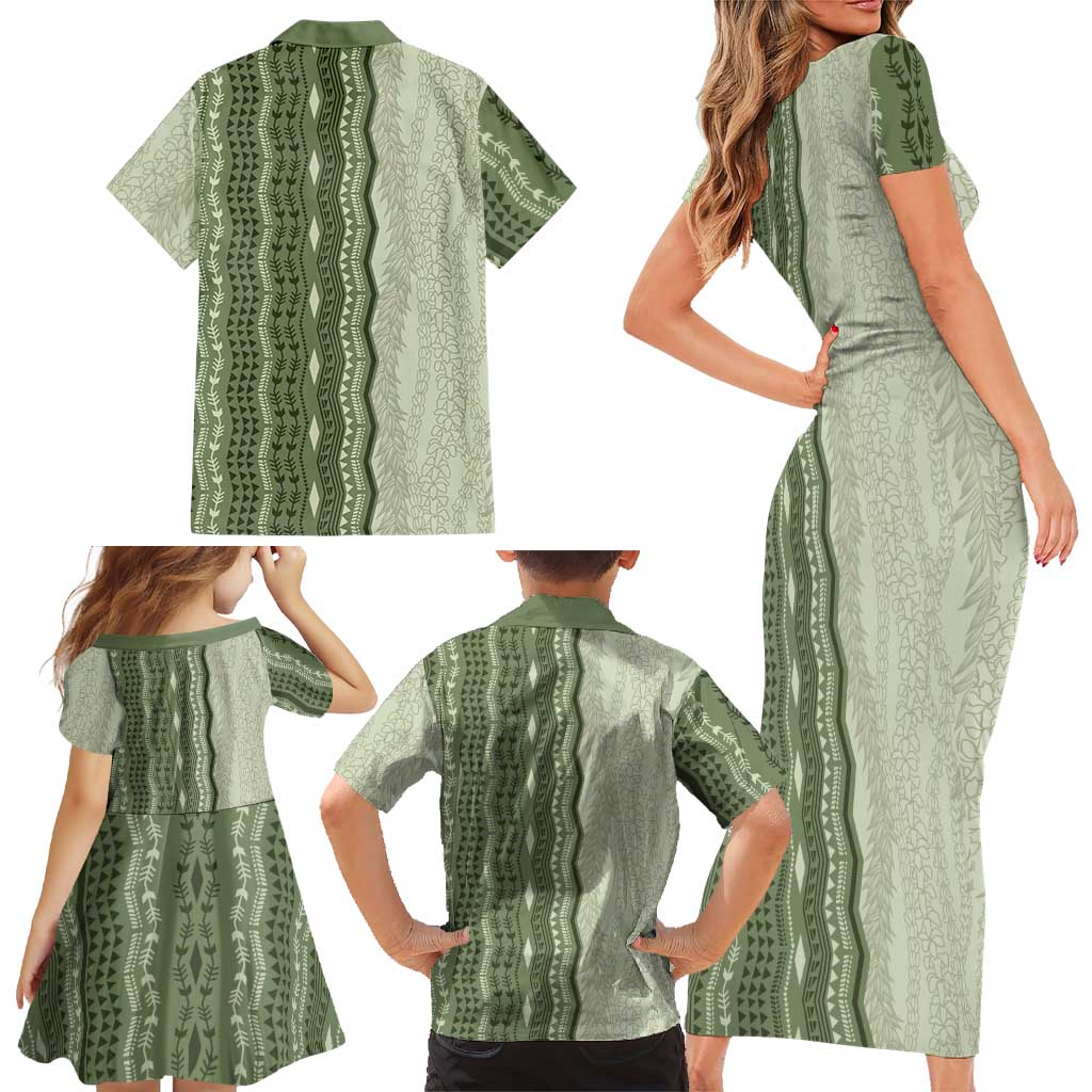 Vintage Sage Green Hawaiian Traditional Kapa Mix Flowers Lei Family Matching Short Sleeve Bodycon Dress and Hawaiian Shirt