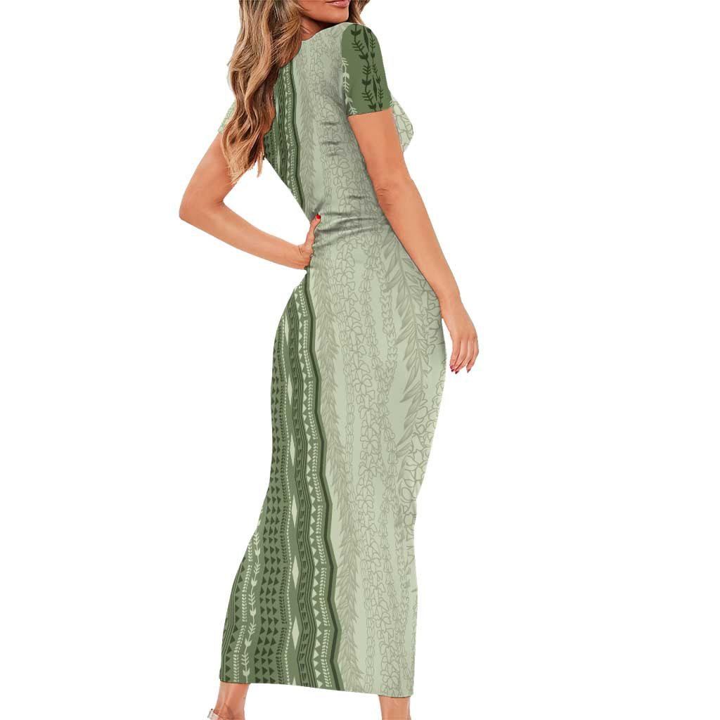 Vintage Sage Green Hawaiian Traditional Kapa Mix Flowers Lei Family Matching Short Sleeve Bodycon Dress and Hawaiian Shirt