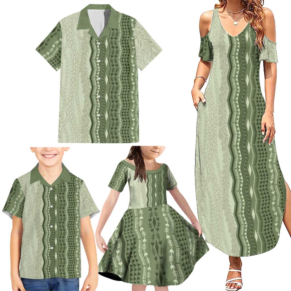 Vintage Sage Green Hawaiian Traditional Kapa Mix Flowers Lei Family Matching Summer Maxi Dress and Hawaiian Shirt