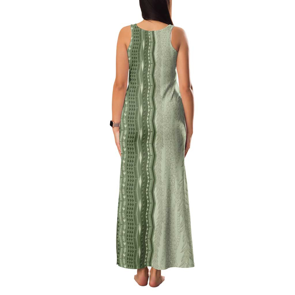 Vintage Sage Green Hawaiian Traditional Kapa Mix Flowers Lei Family Matching Tank Maxi Dress and Hawaiian Shirt