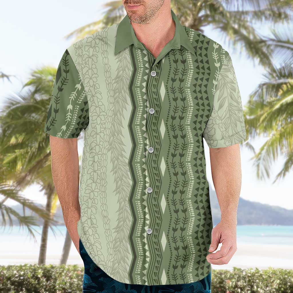 Vintage Sage Green Hawaiian Traditional Kapa Mix Flowers Lei Hawaiian Shirt LT7 - Polynesian Pride
