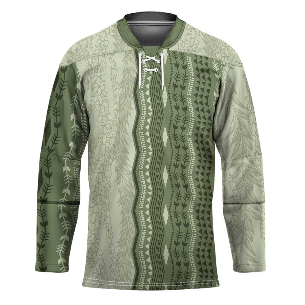 Vintage Sage Green Hawaiian Traditional Kapa Mix Flowers Lei Hockey Jersey LT7 Unisex Sage Green - Polynesian Pride