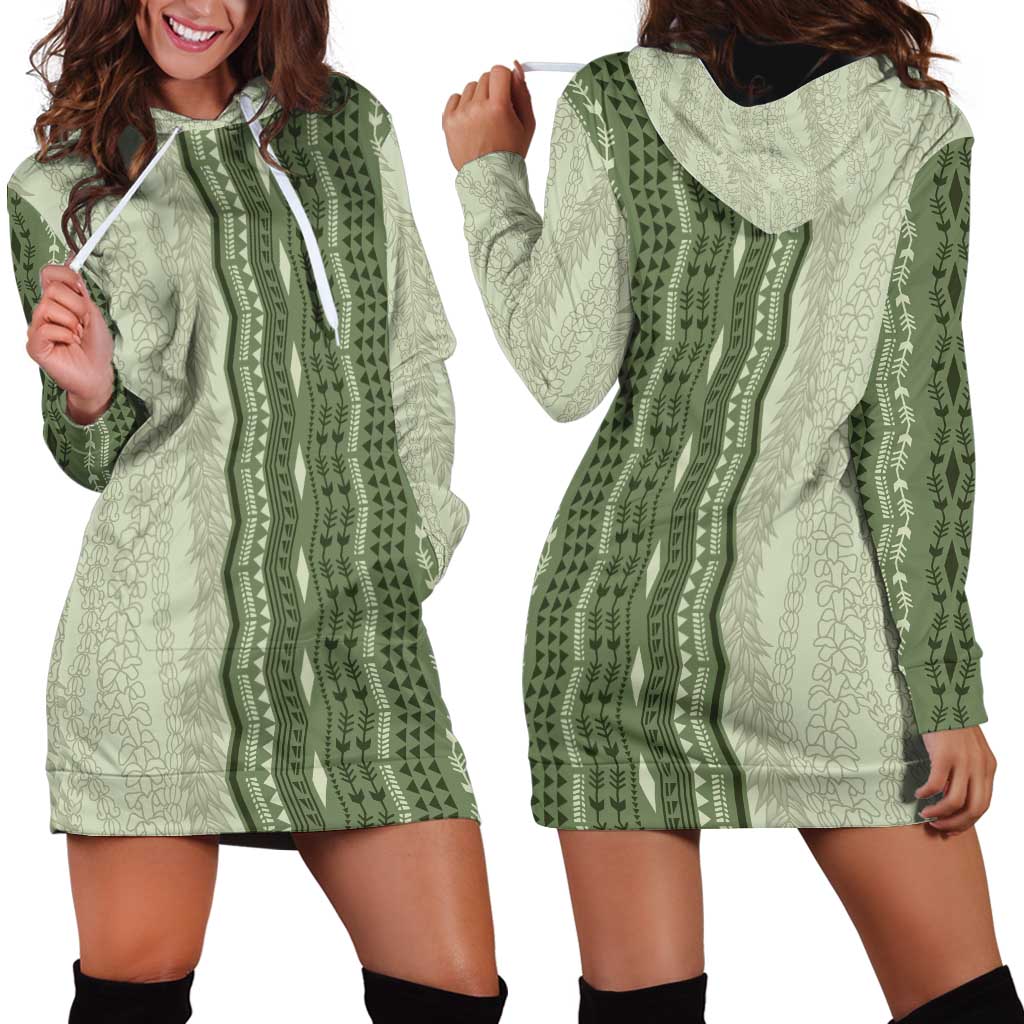 Vintage Sage Green Hawaiian Traditional Kapa Mix Flowers Lei Hoodie Dress