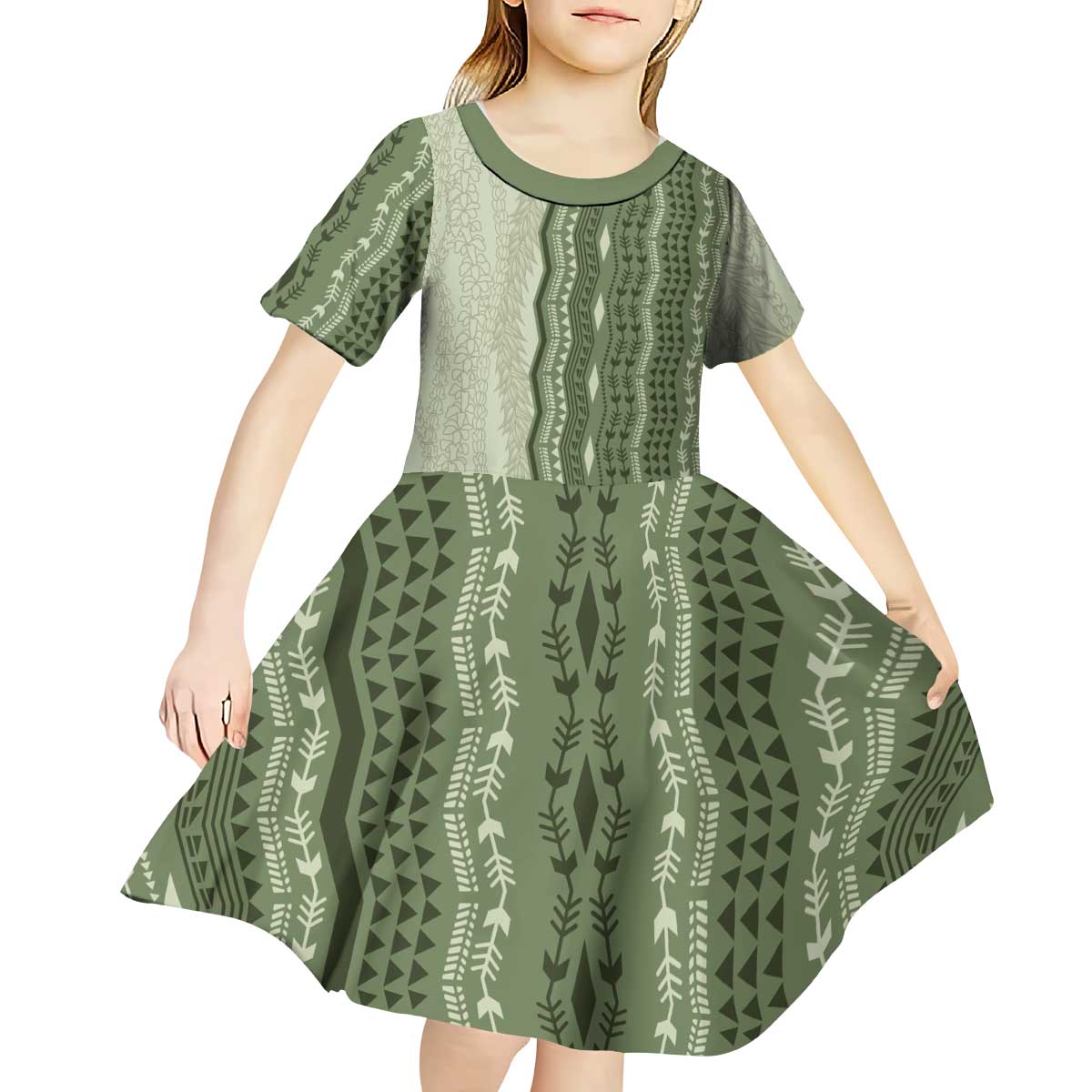 Vintage Sage Green Hawaiian Traditional Kapa Mix Flowers Lei Kid Short Sleeve Dress