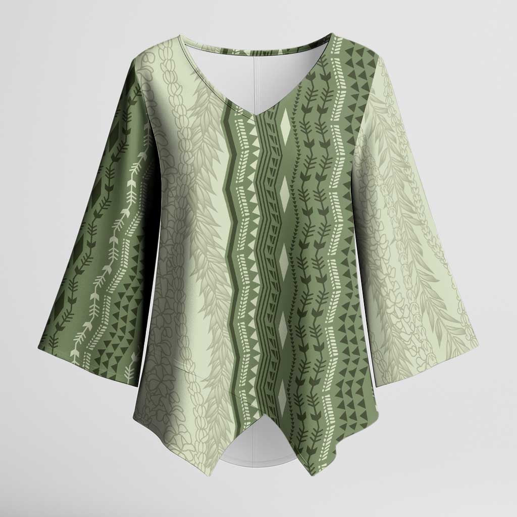 Vintage Sage Green Hawaiian Traditional Kapa Mix Flowers Lei Kimono Sleeve Blouse LT7 Female Sage Green - Polynesian Pride