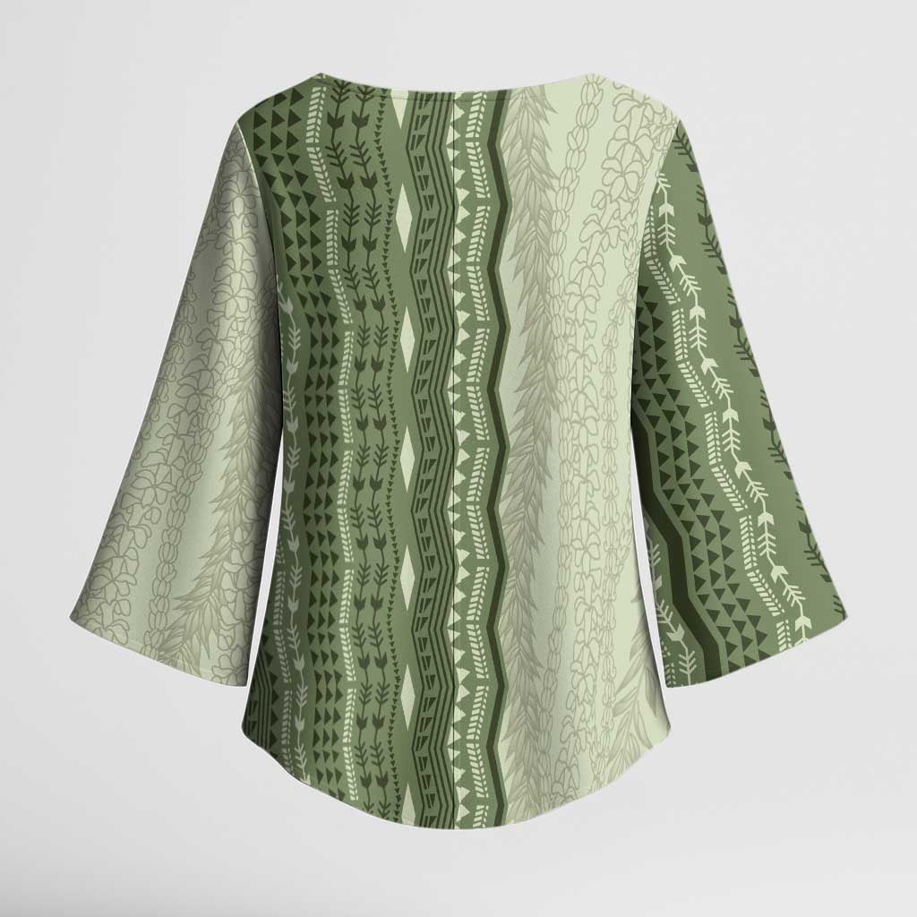 Vintage Sage Green Hawaiian Traditional Kapa Mix Flowers Lei Kimono Sleeve Blouse LT7 - Polynesian Pride