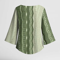 Vintage Sage Green Hawaiian Traditional Kapa Mix Flowers Lei Kimono Sleeve Blouse LT7 - Polynesian Pride