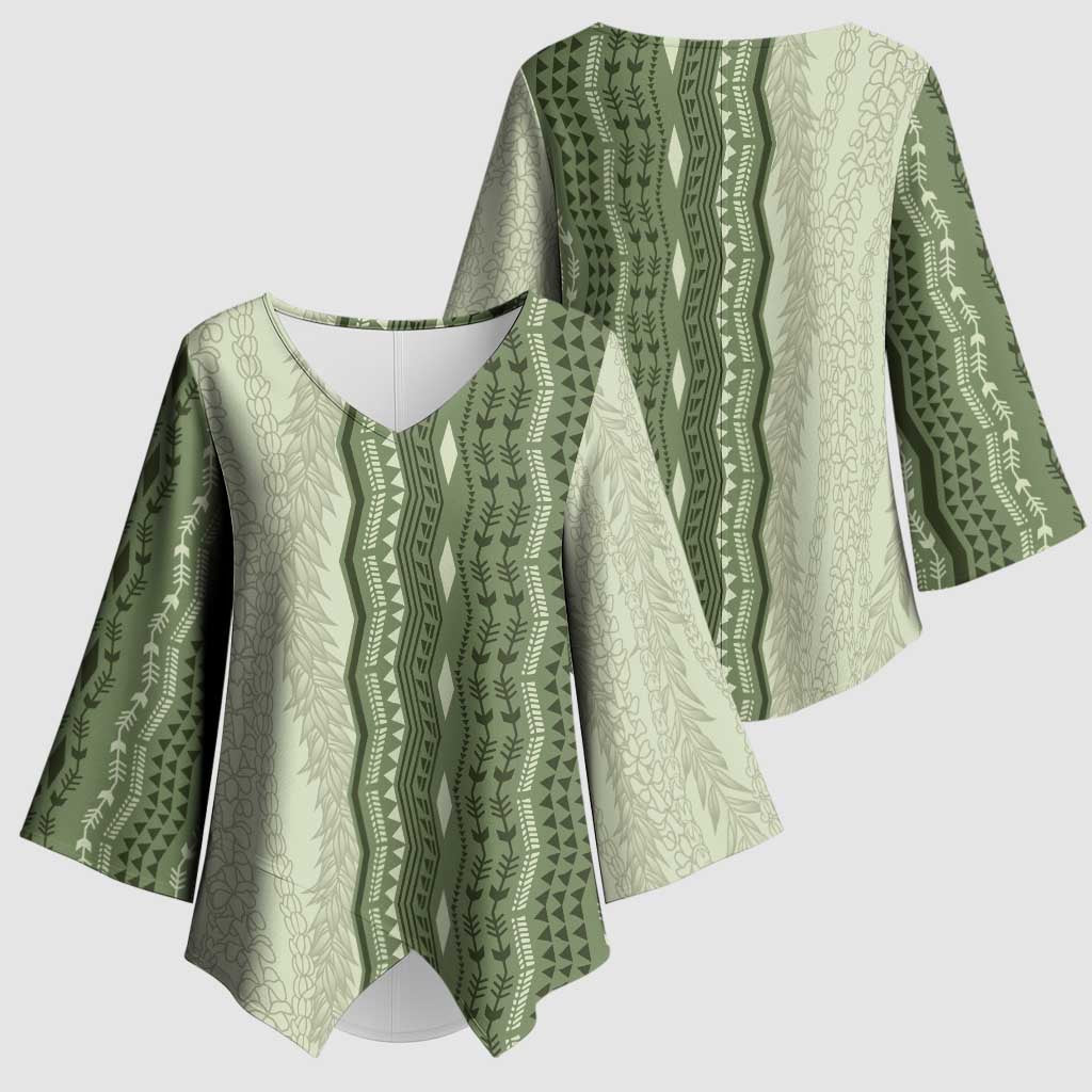 Vintage Sage Green Hawaiian Traditional Kapa Mix Flowers Lei Kimono Sleeve Blouse LT7 - Polynesian Pride