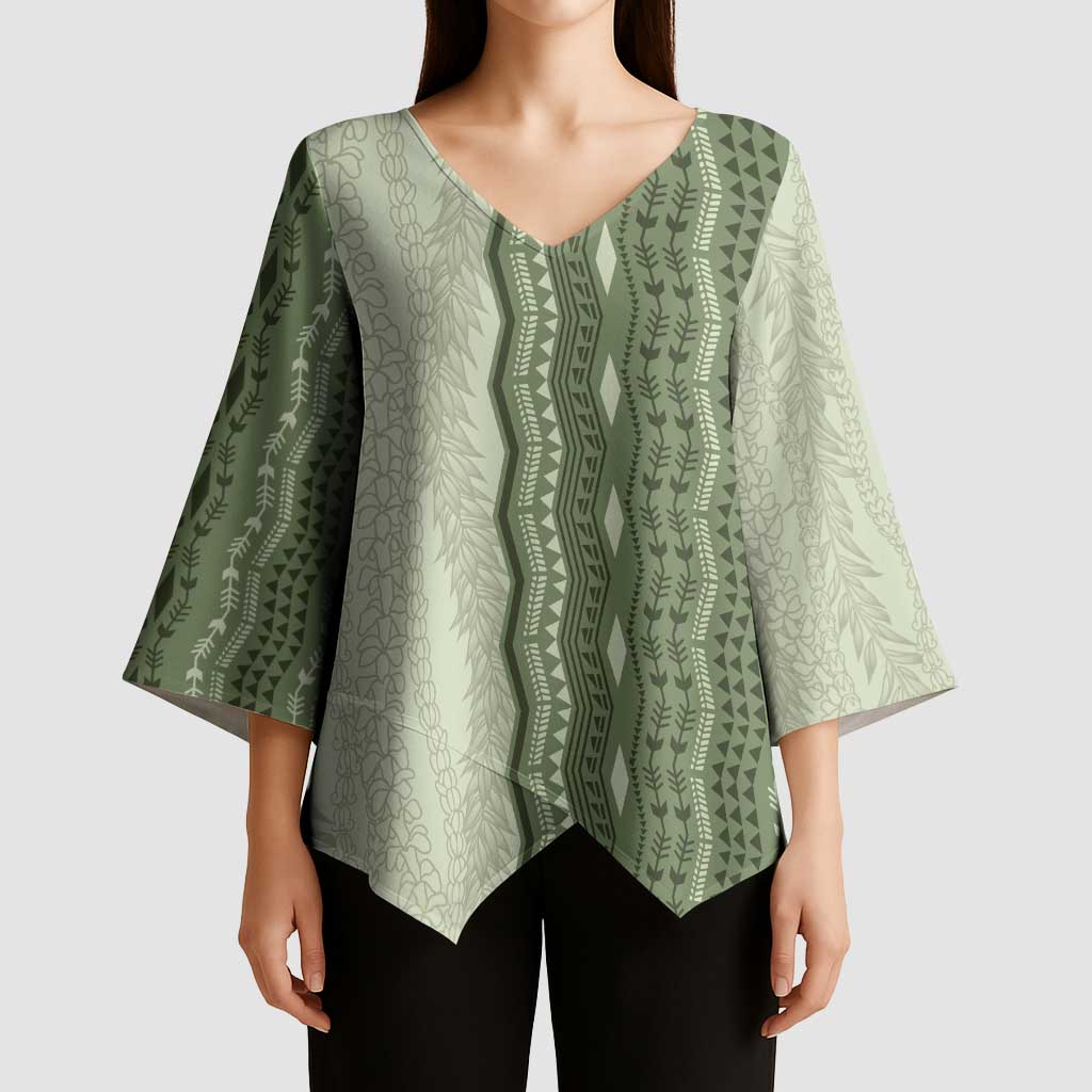 Vintage Sage Green Hawaiian Traditional Kapa Mix Flowers Lei Kimono Sleeve Blouse LT7 - Polynesian Pride