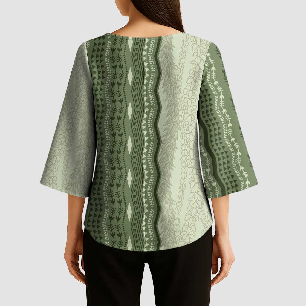 Vintage Sage Green Hawaiian Traditional Kapa Mix Flowers Lei Kimono Sleeve Blouse LT7 - Polynesian Pride