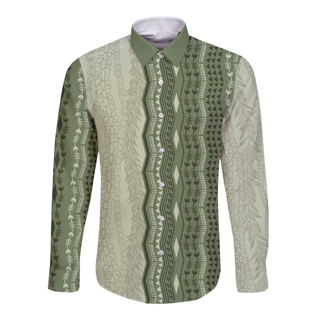 Vintage Sage Green Hawaiian Traditional Kapa Mix Flowers Lei Long Sleeve Button Shirt