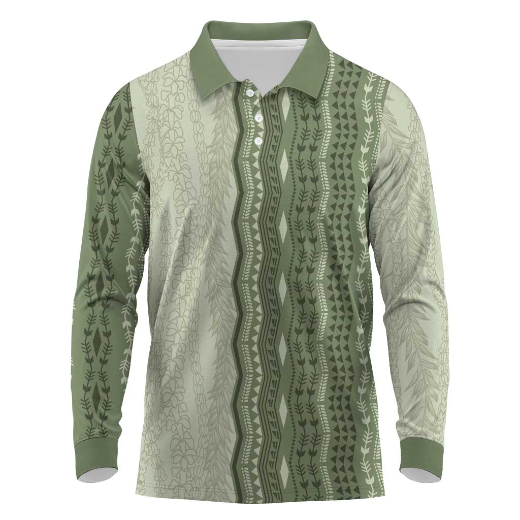 Vintage Sage Green Hawaiian Traditional Kapa Mix Flowers Lei Long Sleeve Polo Shirt