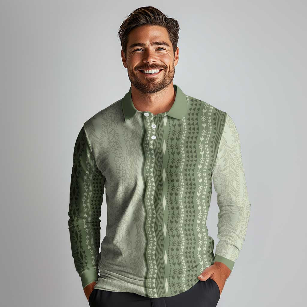 Vintage Sage Green Hawaiian Traditional Kapa Mix Flowers Lei Long Sleeve Polo Shirt