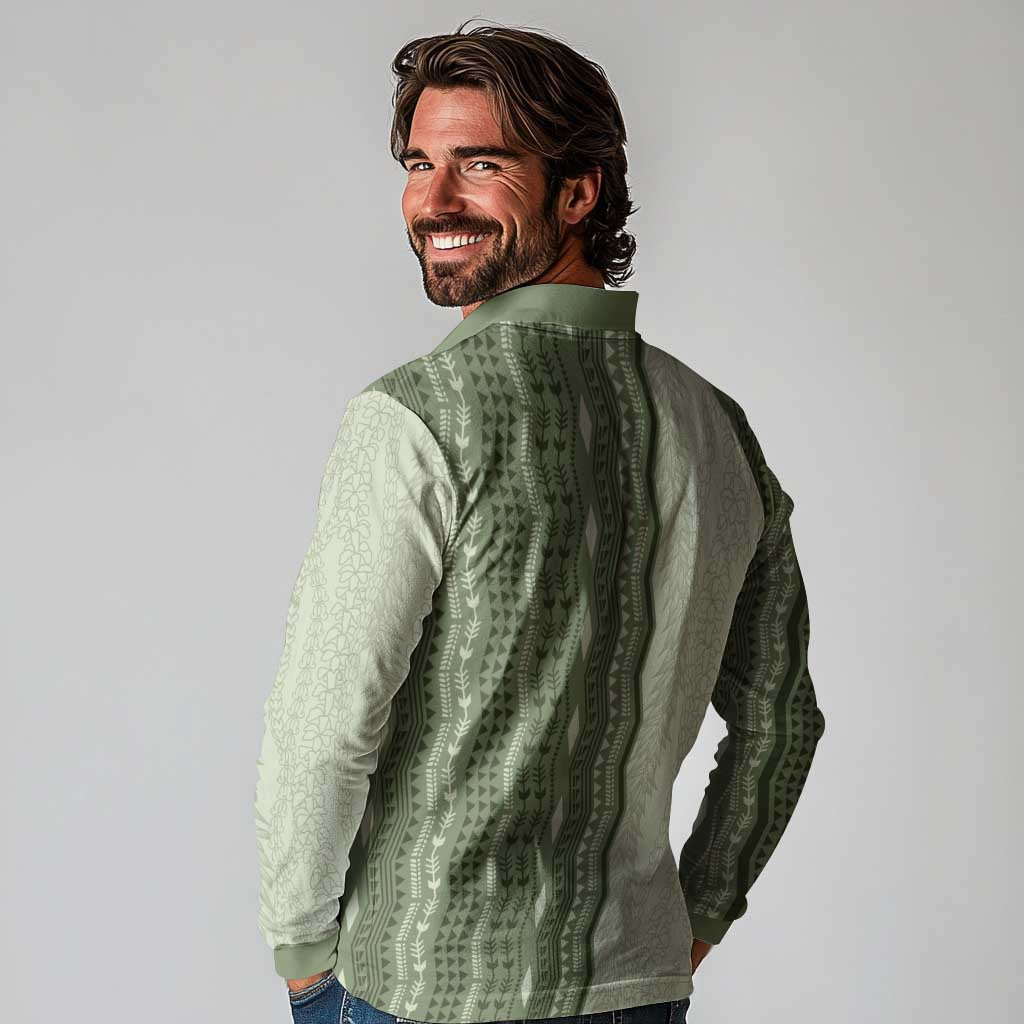 Vintage Sage Green Hawaiian Traditional Kapa Mix Flowers Lei Long Sleeve Polo Shirt
