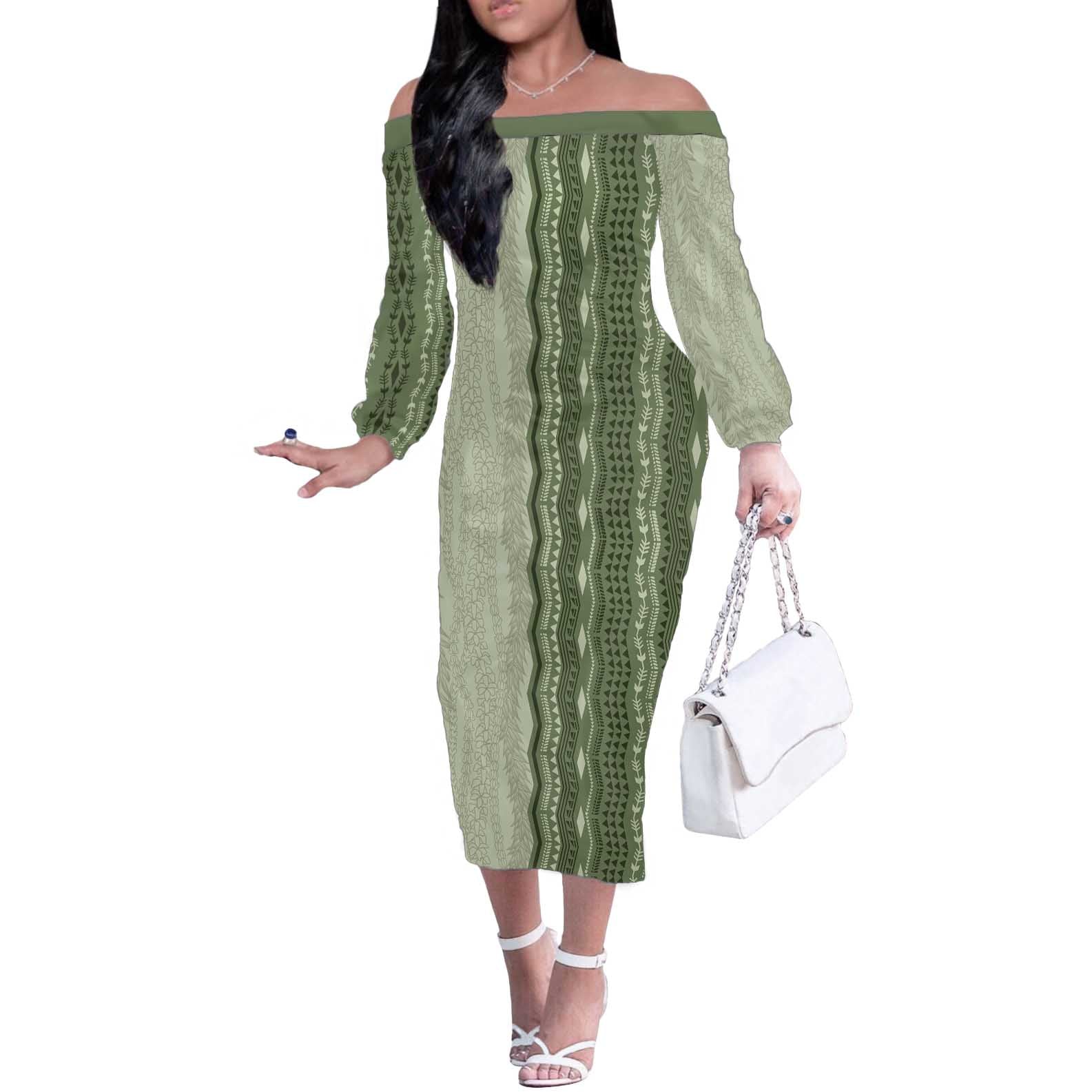 Vintage Sage Green Hawaiian Traditional Kapa Mix Flowers Lei Off The Shoulder Long Sleeve Dress