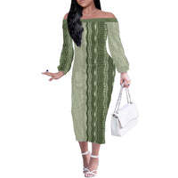 Vintage Sage Green Hawaiian Traditional Kapa Mix Flowers Lei Off The Shoulder Long Sleeve Dress