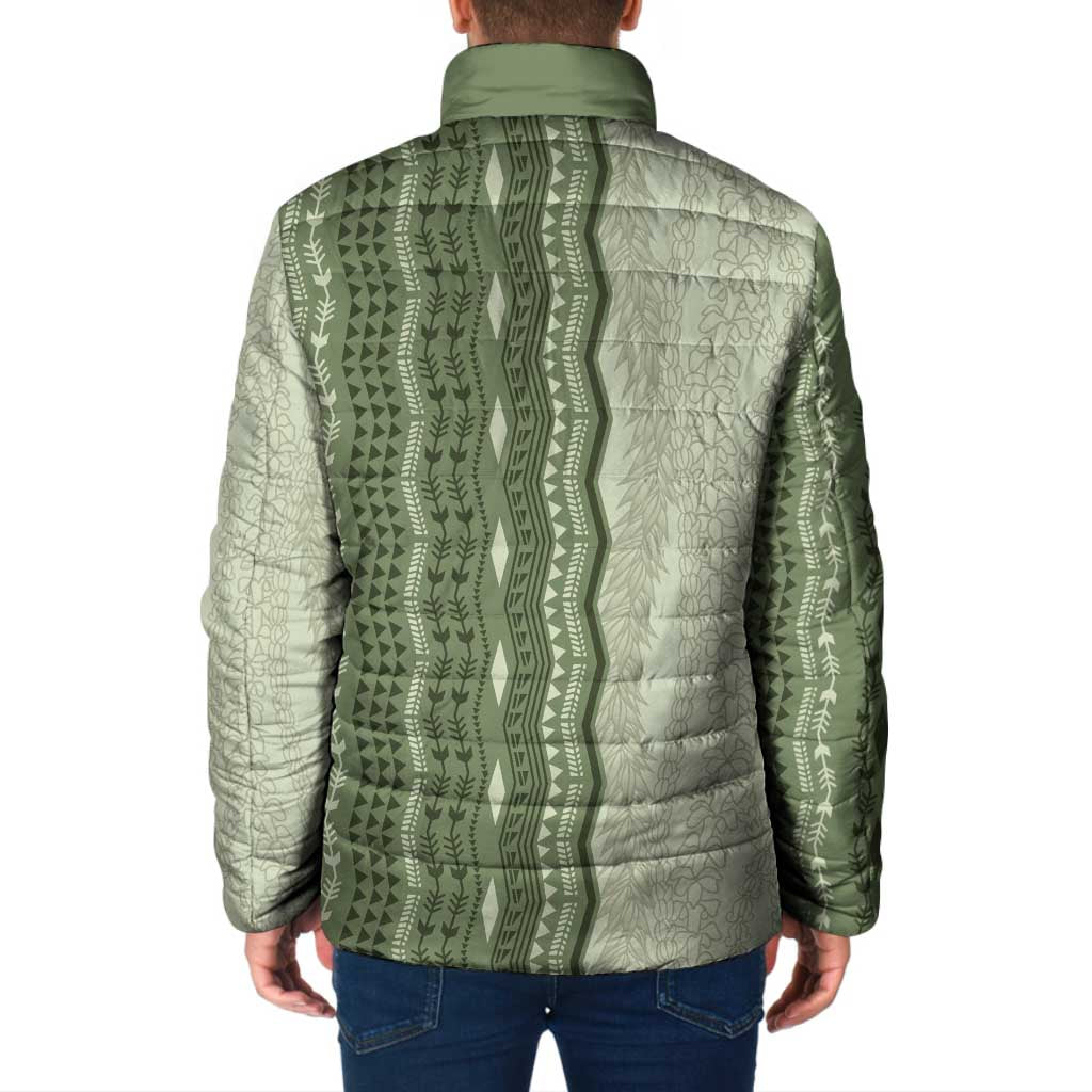 Vintage Sage Green Hawaiian Traditional Kapa Mix Flowers Lei Padded Jacket