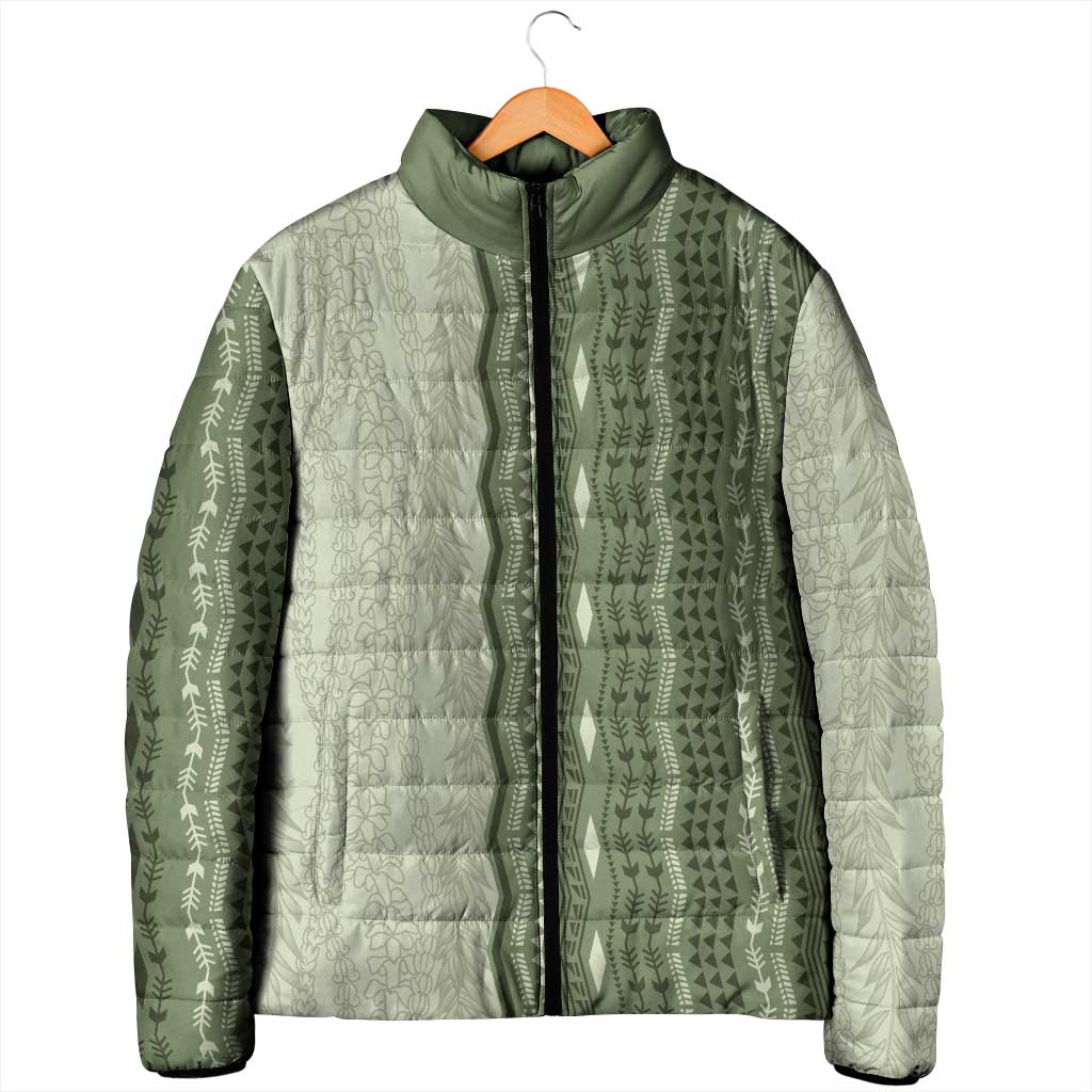 Vintage Sage Green Hawaiian Traditional Kapa Mix Flowers Lei Padded Jacket