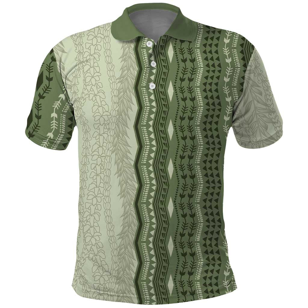 Vintage Sage Green Hawaiian Traditional Kapa Mix Flowers Lei Polo Shirt LT7 Sage Green - Polynesian Pride