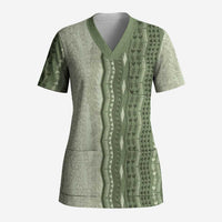 Vintage Sage Green Hawaiian Traditional Kapa Mix Flowers Lei Scrub Top