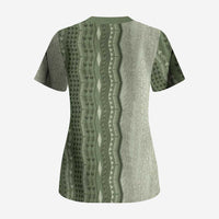 Vintage Sage Green Hawaiian Traditional Kapa Mix Flowers Lei Scrub Top
