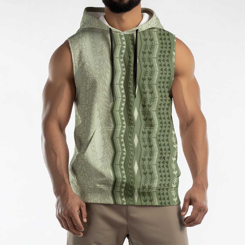 Vintage Sage Green Hawaiian Traditional Kapa Mix Flowers Lei Sleeveless Hoodie