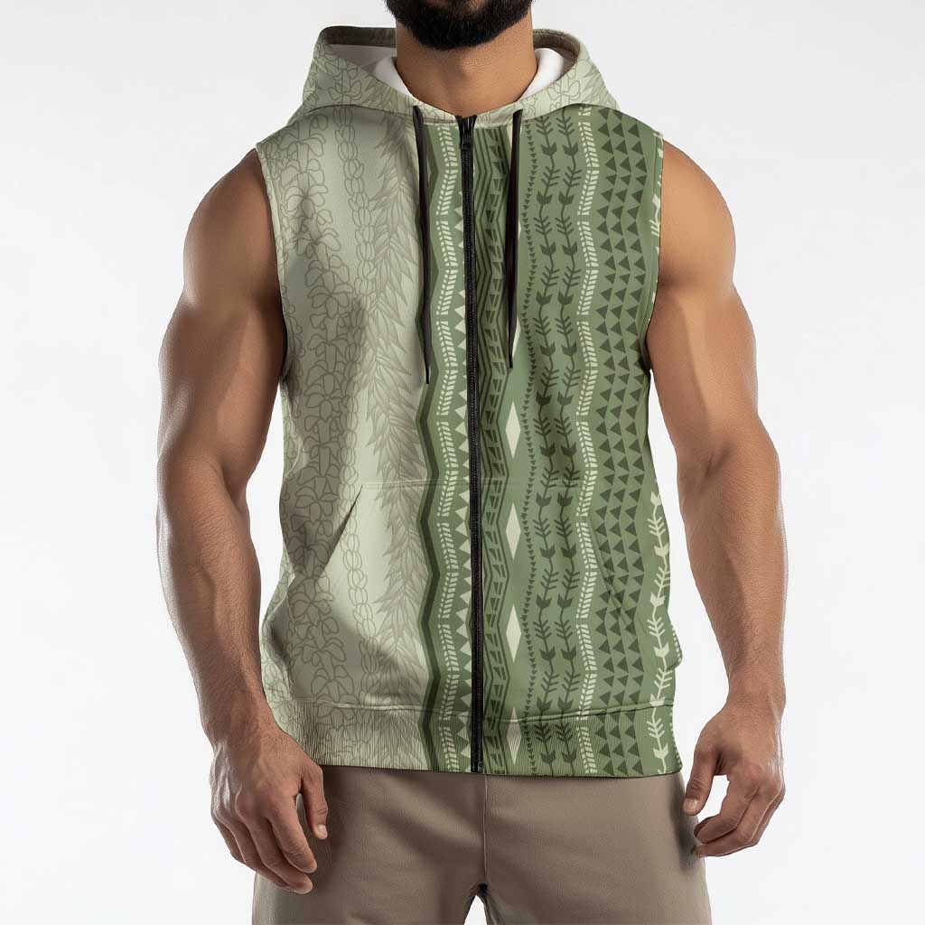 Vintage Sage Green Hawaiian Traditional Kapa Mix Flowers Lei Sleeveless Zip Hoodie
